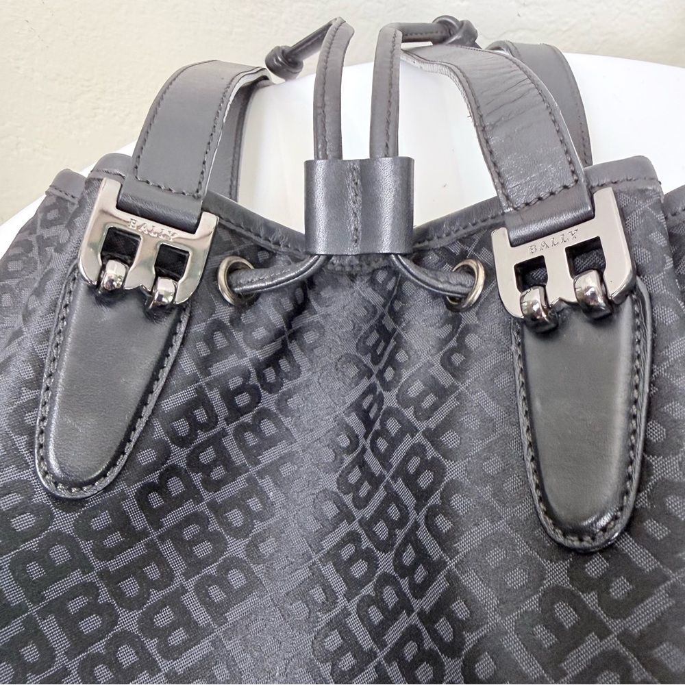 Rare Vintage BALLY Monogram Drawstring Bucket Bag Black Leather 90s VTG